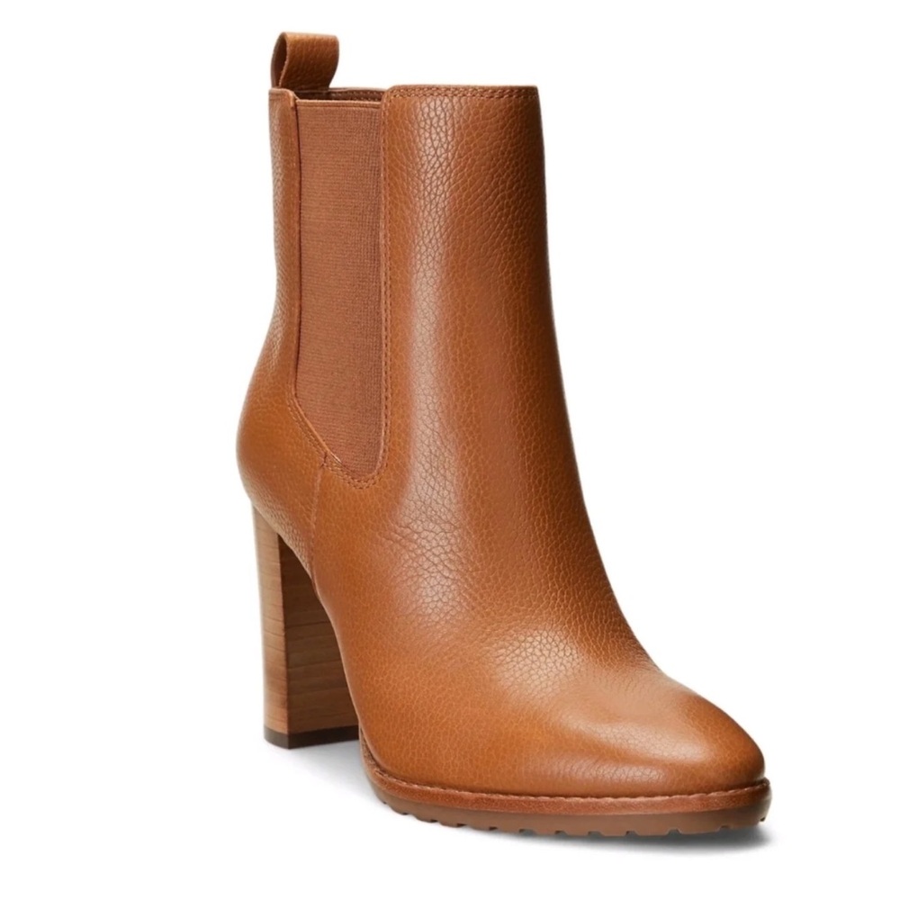 Lauren Ralph Lauren Brown Genuine Leather Chelsea Block Heel Boot, Size 9.5